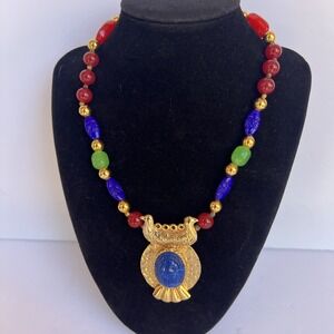 VTG Carol Dauplaise Egyptian Revival Scarab Glass Bead Necklace Gold Tone